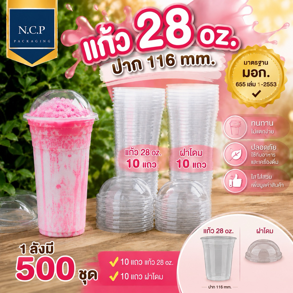 เเก้ว28ออนซ์เรียบใส 1ชุด 500ใบพร้อมฝา500ชิ้น