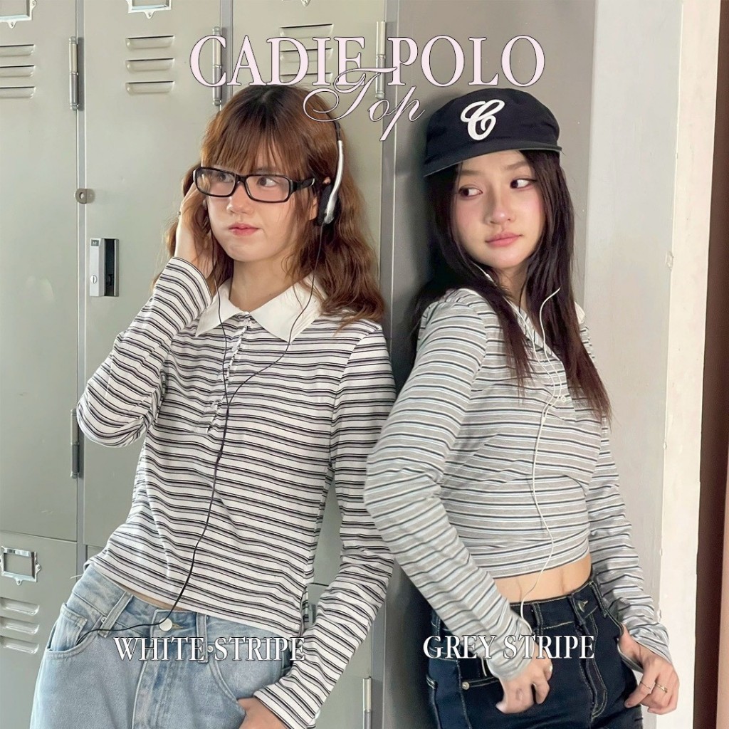 Choosedress A8305 Bettie Stripe Polo เสื้อไหมพรมลายทางเเขนยาว คอปก