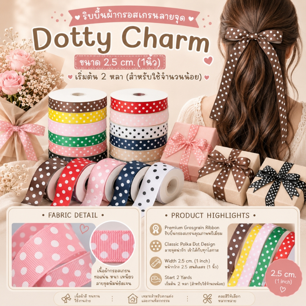 ริบบิ้นกรอสเกรนลายจุด Dotty Charm 2.5 cm. – สไตล์มินิมอล พรีเมียม น่ารัก ผูกของขวัญ ตกแต่งเสื้อผ้า[RB-0093]