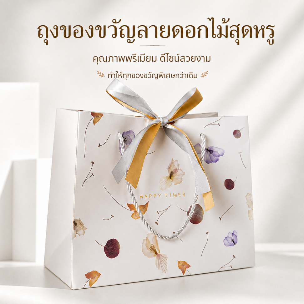 ถุงกระดาษของขวัญลายดอกไม้แห้ง หูเชือกริบบิ้นคู่ ดีไซน์หรู พรีเมียม ถุงรับไหว้ ของชำร่วย งานแต่ง ใส่ของขวัญ หลายขนาด