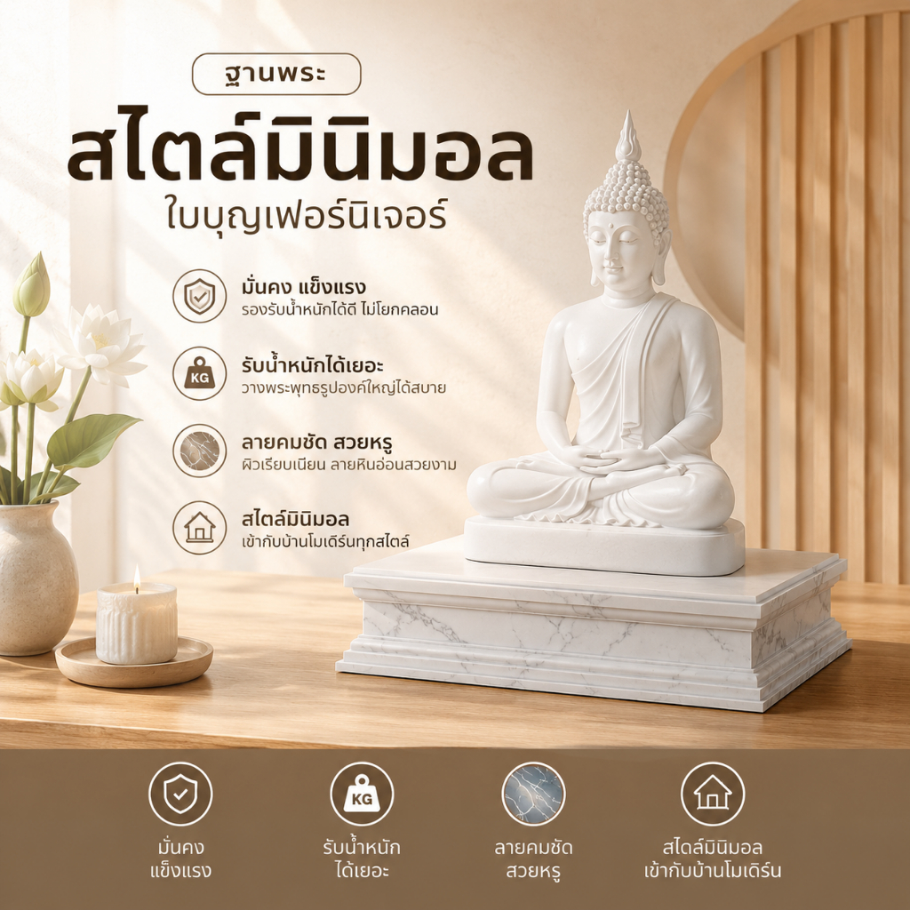 ฐานพระสีขาว ลายหินอ่อน ใบบุญเฟอร์นิเจอร์ สไตล์มินิมอล minimal สูง 2 นิ้ว [ B040-7 ]