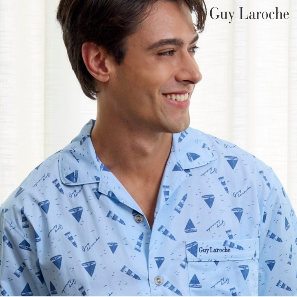 Guy Laroche ชุดนอนคอปก แขนยาว ขายาว พิมพ์ลาย เนื้อผ้า cotton Twillใส่สบาย สีฟ้า  รุ่น JPG5972S6BU