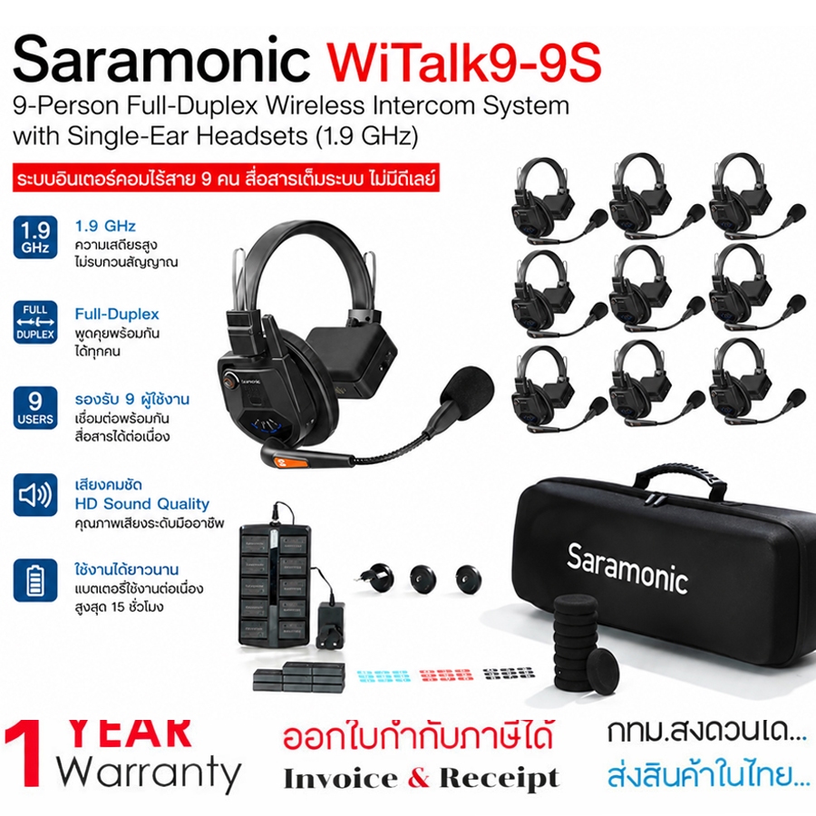 Saramonic WiTalk9-9S 9-Person Full-Duplex Wireless Intercom System with Single-Ear Headsets (1.9 GHz