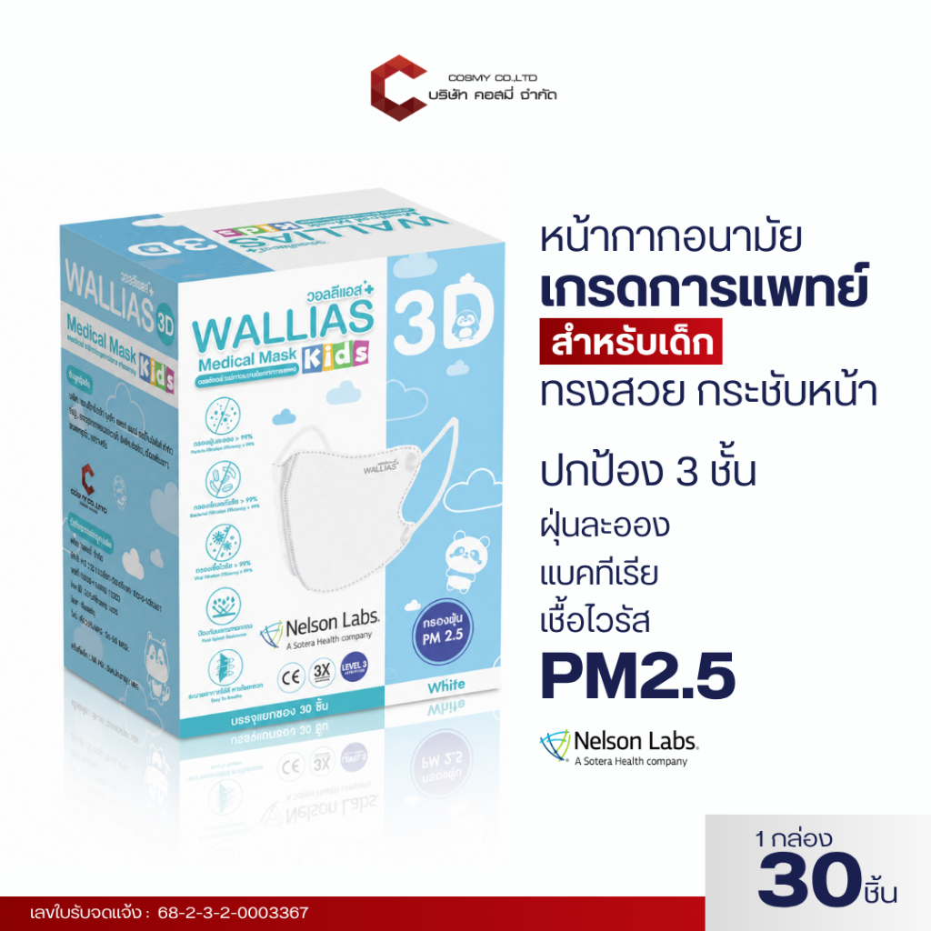 [รุ่นใหม่] WALLIAS 3D หน้ากากอนามัยทางการแพทย์ (สำหรับเด็ก) Medical Mask 3D KIDS ป้องกันฝุ่น PM2.5  ได้รับมาตรฐาน