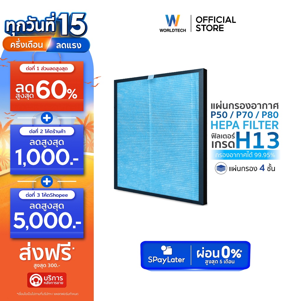 Worldtech ไส้กรอง HEPA13 สำหรับเครื่องฟอกอากาศ รุ่น P50, P70, P80