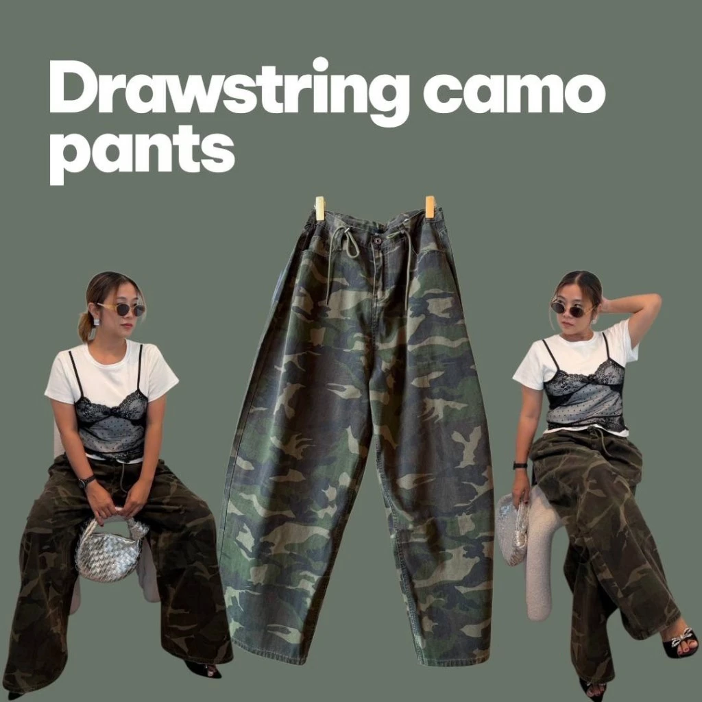 • Drawstring camo wide pants • กางเกงคาร์โก้ผ้ายีนส์ลายทหาร