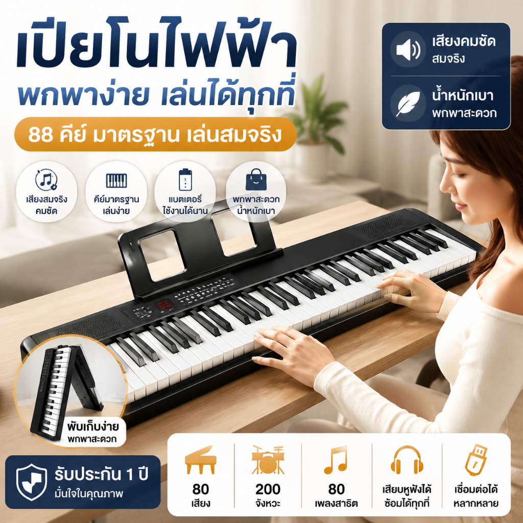 【เสียงดีสุดยอด】ไฟฟ้าคีย์บอร์ด 88 คีย์ เหมาะสำหรับผู้เริ่มต้น เปียนโนเด็ก คีย์บอร์ดไฟฟ้า เปียโนไฟฟ้า piano Keyboard