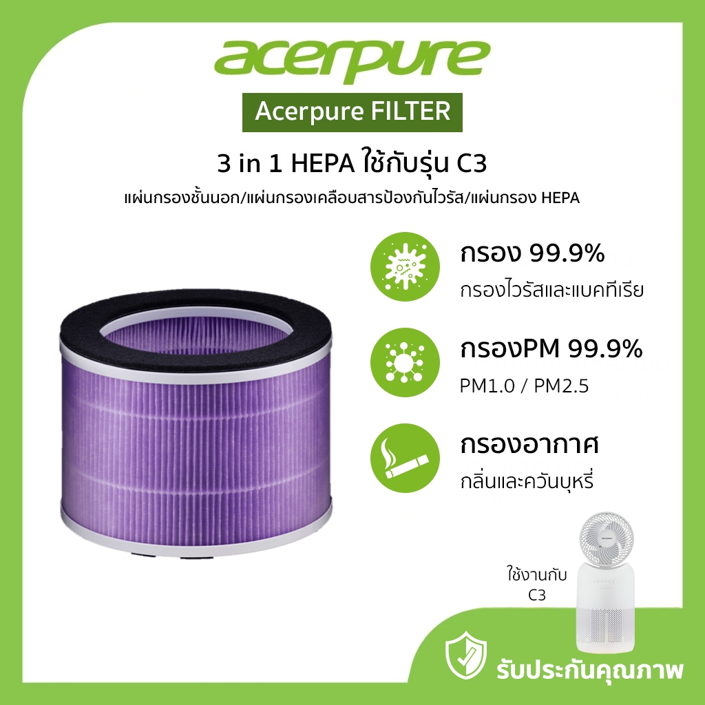 Acerpure Cool C3 Filter ไส้กรอง 3-in-1 HEPA เครื่องฟอกอากาศและหมุนเวียนอากาศภายในบ้าน สำหรับรุ่น C3