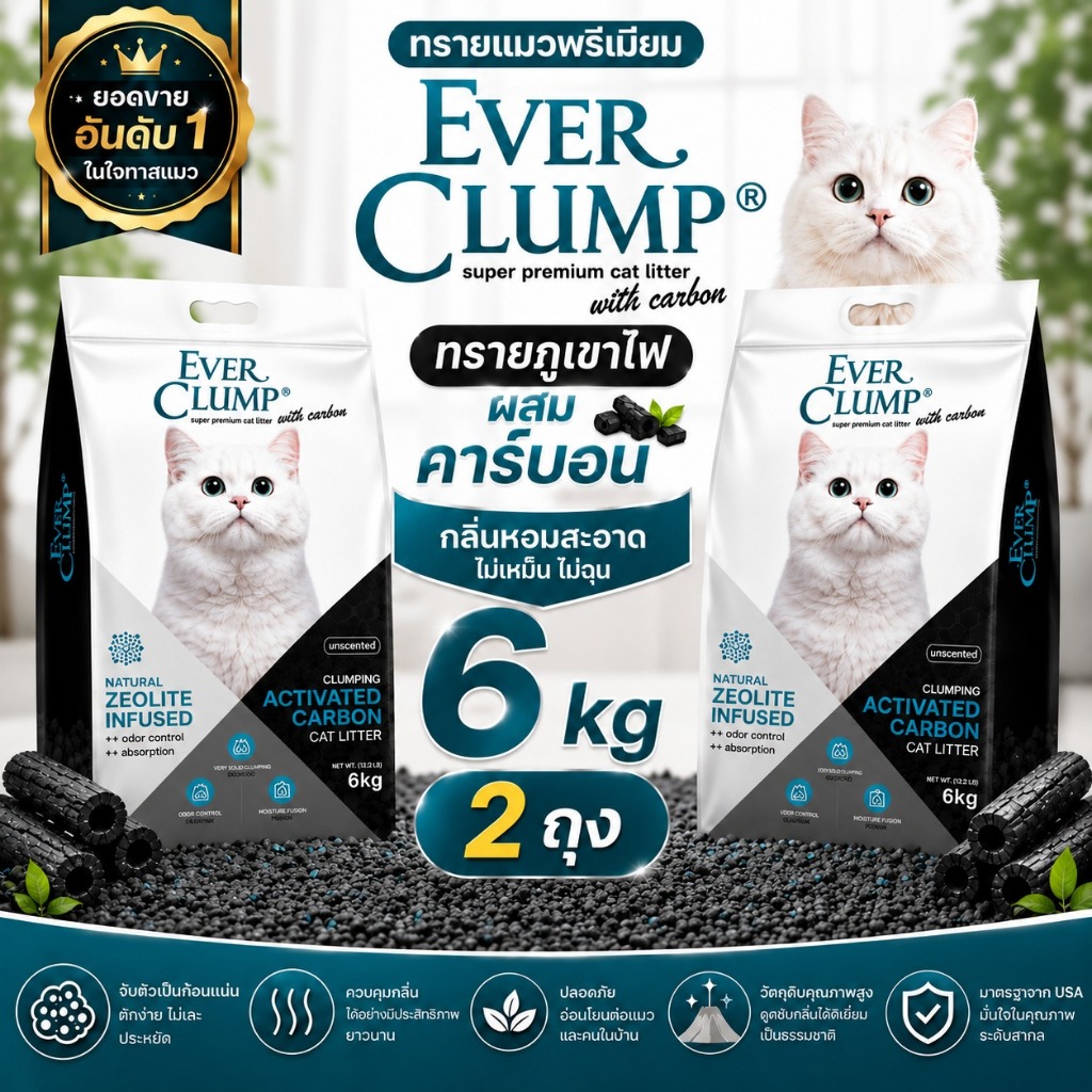 (10L 2ถุง) Everclump ทรายแมวเก็บกลิ่นดีอันดับหนึ่ง ทรายแมวภูเขาไฟ10L (6kg)