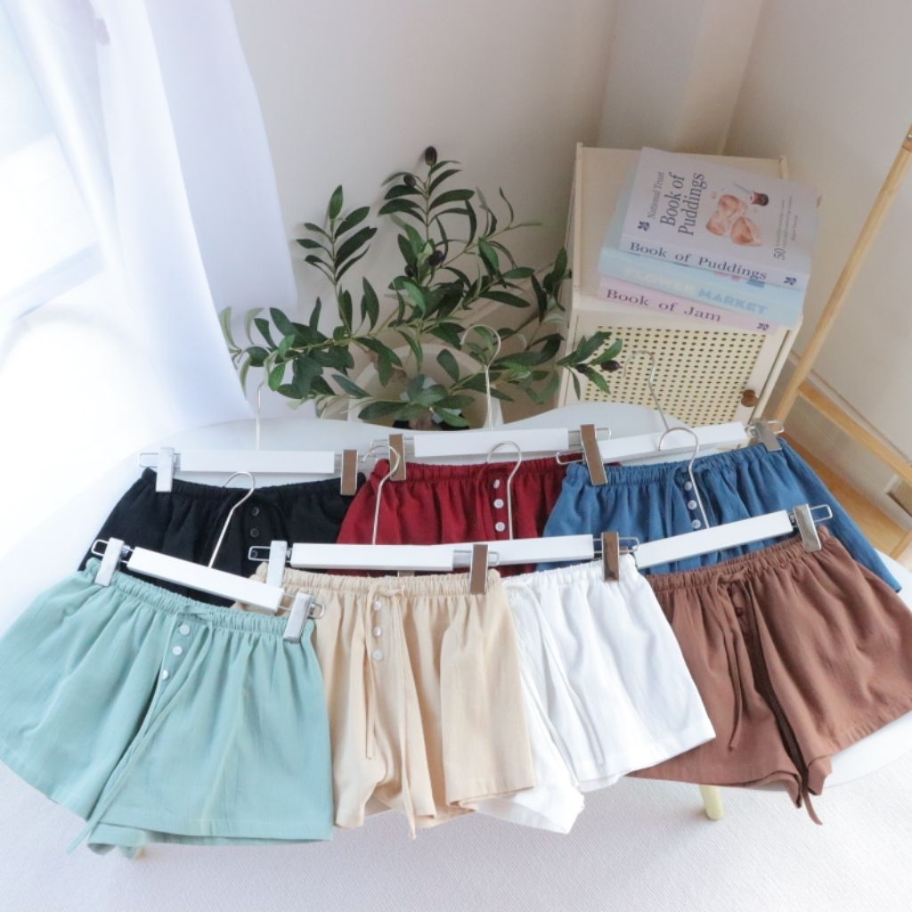 Linen Lowy กางเกงขาสั้นเอวต่ำผ้าคัตตอลนินิน เนื้อนุ่ม ใส่ไปทะเลน่ารัก มินิมอล ฟรีไซส์เอว24-นิ้ว