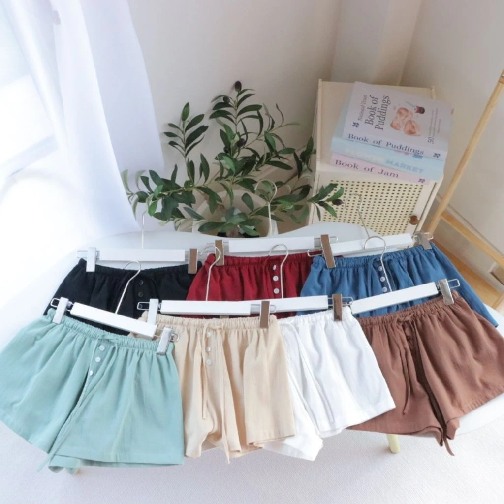 Linen Lowy กางเกงขาสั้นเอวต่ำผ้าคัตตอลนินิน เนื้อนุ่ม ใส่ไปทะเลน่ารัก มินิมอล ฟรีไซส์เอว24-นิ้ว