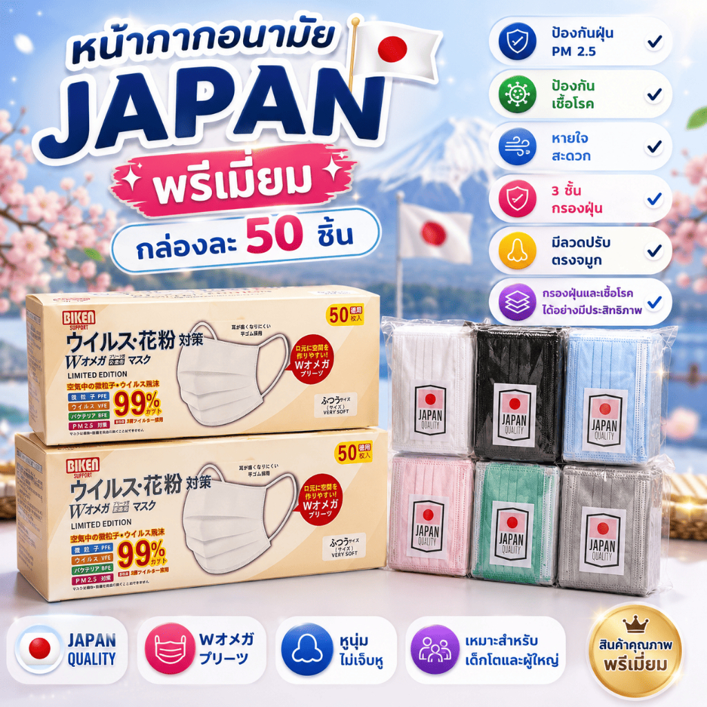 แมสjapan(คละสีเองได้)งานหนาพิเศษยกลัง50กล่อง/2500ชิ้น (มีกล่องแยกให้)งานหนาอย่างดี100%