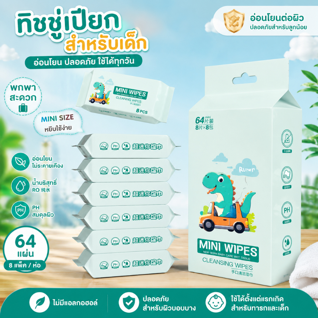 ผ้าเช็ดทำความสะอาดเปียก Mini Wipes 1 ห่อ 8 แพ็ค สูตรอ่อนโยนพิเศษ ปลอดภัย ไร้แอลกอฮอล์ ไม่ระคายเคือง เหมาะสำหรับเด็กทารกแ