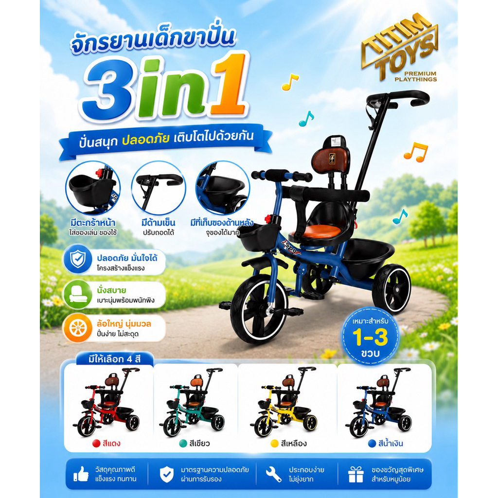 itimtoys จักรยาน จักรยานเด็กเล่น จักรยานขาปั่นเด็ก มีที่เข็นด้านหลัง รุ่น 631