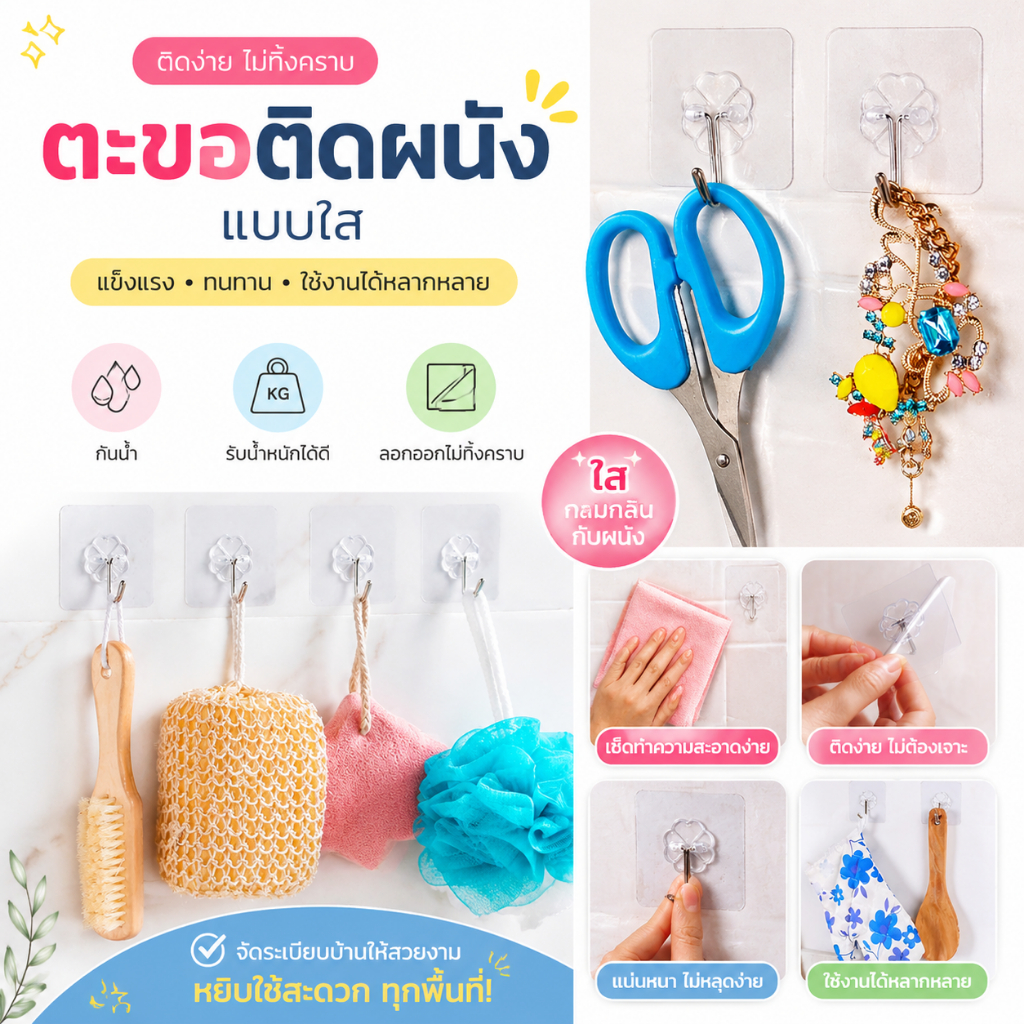 ส่งด่วน ตะขอแขวนผนัง ตะขอแขวนติดผนัง ตะขอติดผนัง ที่แขวนของ ตะขออเนกประสงค์ ตะขอกันน้ำ ไม่ต้องเจาะ