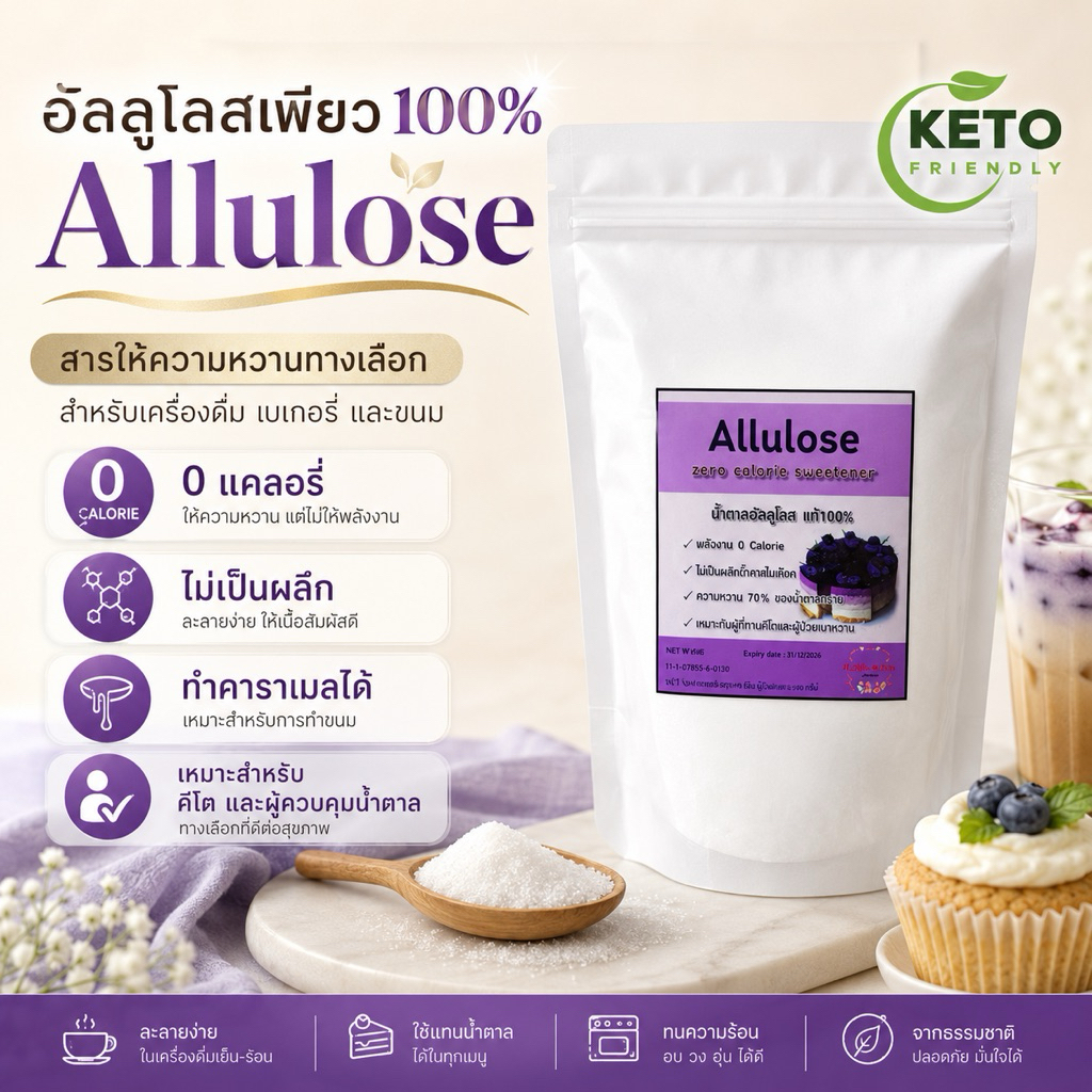 อัลลูโลสแท้ ไม่ผสม Allulose 0แคลอรี่ คีโต ผู้ป่วยเบาหวานทานได้อัลลูโลสเหมาะกับเมนูที่ไม่ต้องการให้เป็นผลึก