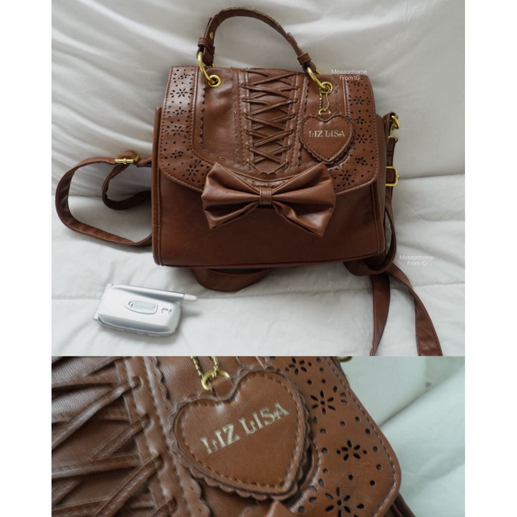 Liz Lisa Brown Bow Bag / 2000s-2010s Japanese Shoulder Bag, กระเป๋าหนังสีช็อคโกแลต (ภาพเพิ่มเติมใต้โ