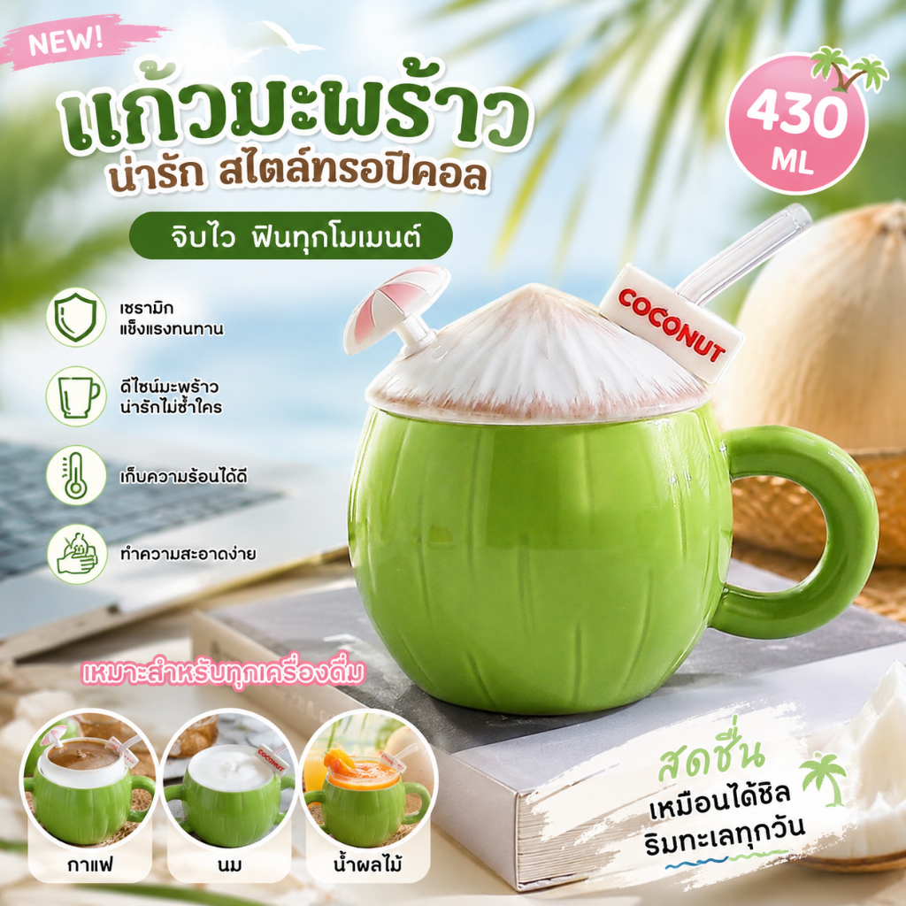 แก้วมะพร้าวทรอปิคอล เซรามิกญี่ปุ่น 400ml พร้อมฝาปิดและหลอดดูด