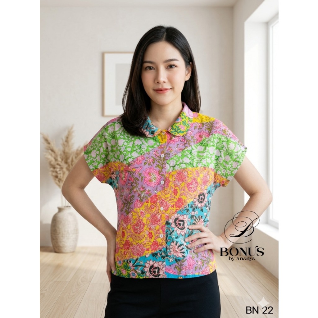 เสื้อคอปกเชิ้ตคอบัวแขนสั้นผ้าคอตตอลอินเดีย ป้ายBonus by Ananya 1452569