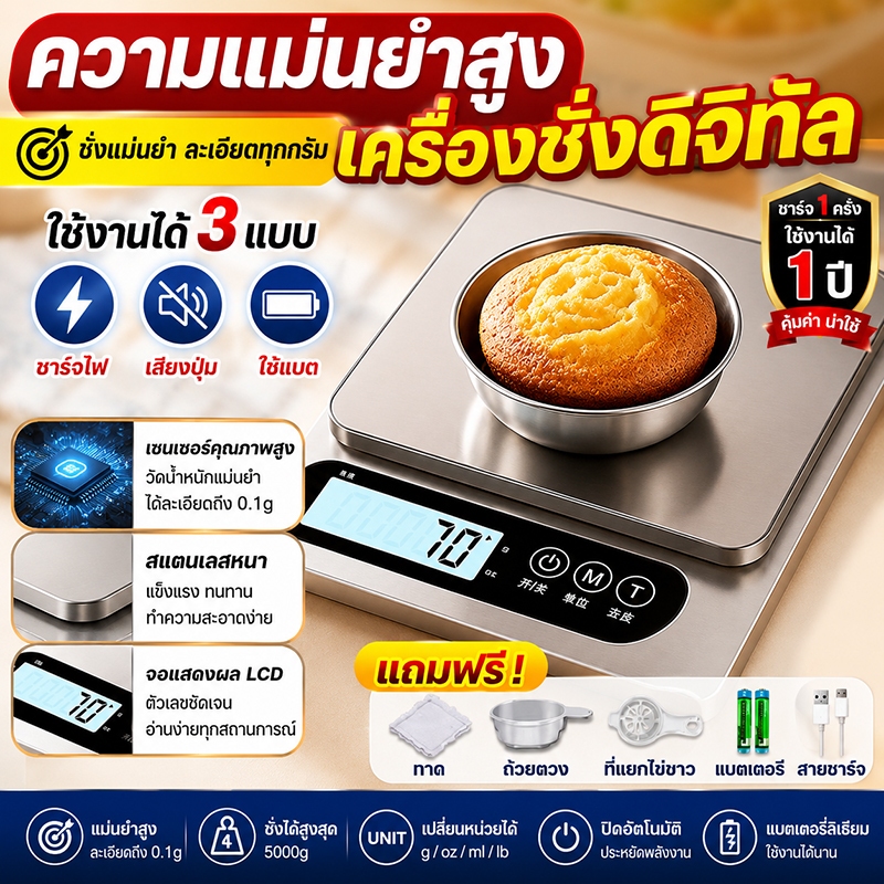 ✨แม่นยำถึง0.1g✨เครื่องชั่งดิจิตอล ชาร์จได้ ตาชั่งดิจิตอล ชั่งน้ำหนักได้ 10kg เครื่องชั่ง สแตนเลส เครื่องชั่งอาหาร