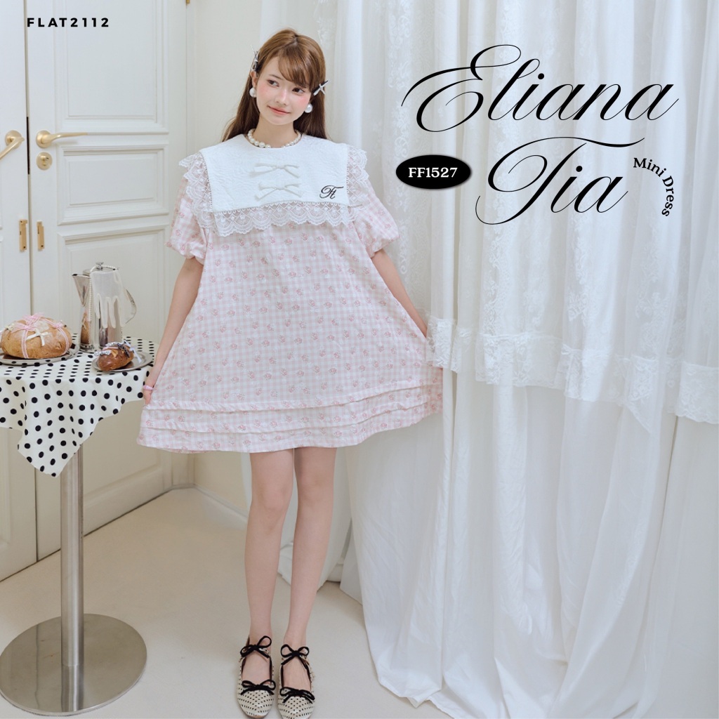 FLAT2112 : ELIANA TIA MINI DRESS เดรสสั้นสีชมพู เดรสโอเวอร์ไซซ์น่ารัก เดรสคอปกลูกไม้ เดรสสไตล์เกาหลี