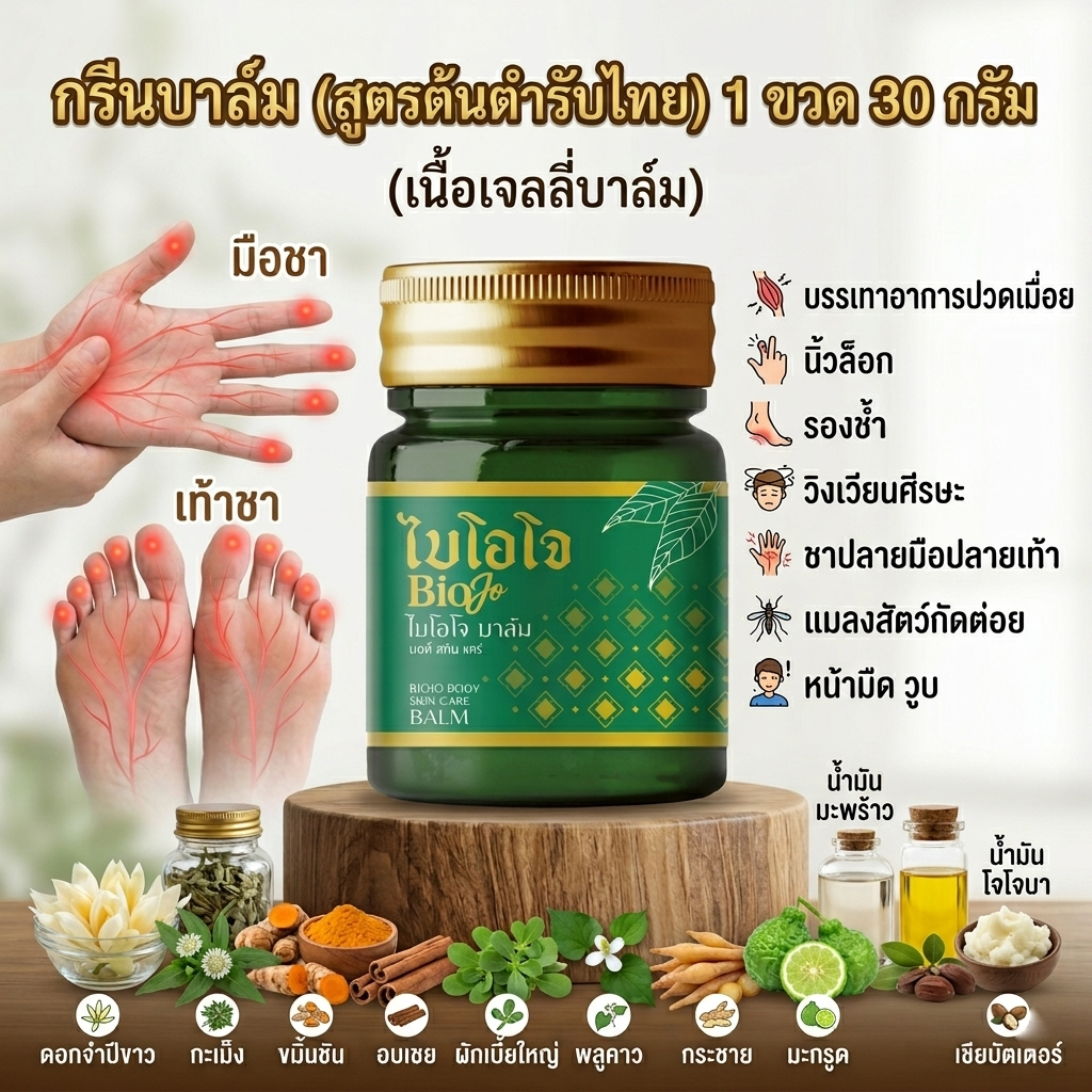 BIOJO (ไบโอโจ) บาล์มนวดสมุนไพร 30 กรัม สารสกัดเข้มข้น ลดอักเสบ ลดบวม ลดปวด คลายกล้ามเนื้อ