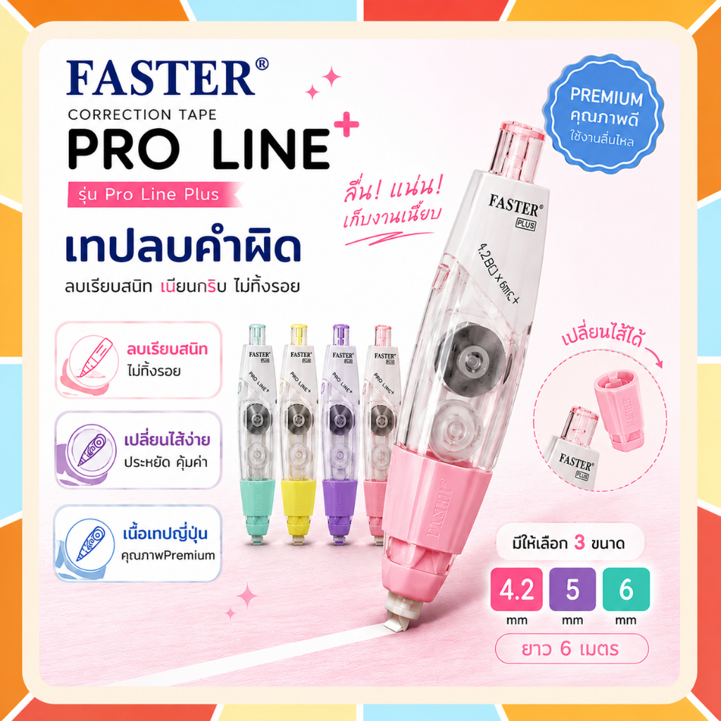 (เลือกสีได้) เทปลบคำผิด FASTER รุ่น Pro Line Plus ฟาสเตอร์ เปลี่ยนไส้เทปได้ กว้าง 4.2 /5/ 6 มม. ยาว 6 ม. [Pro Line Plus]
