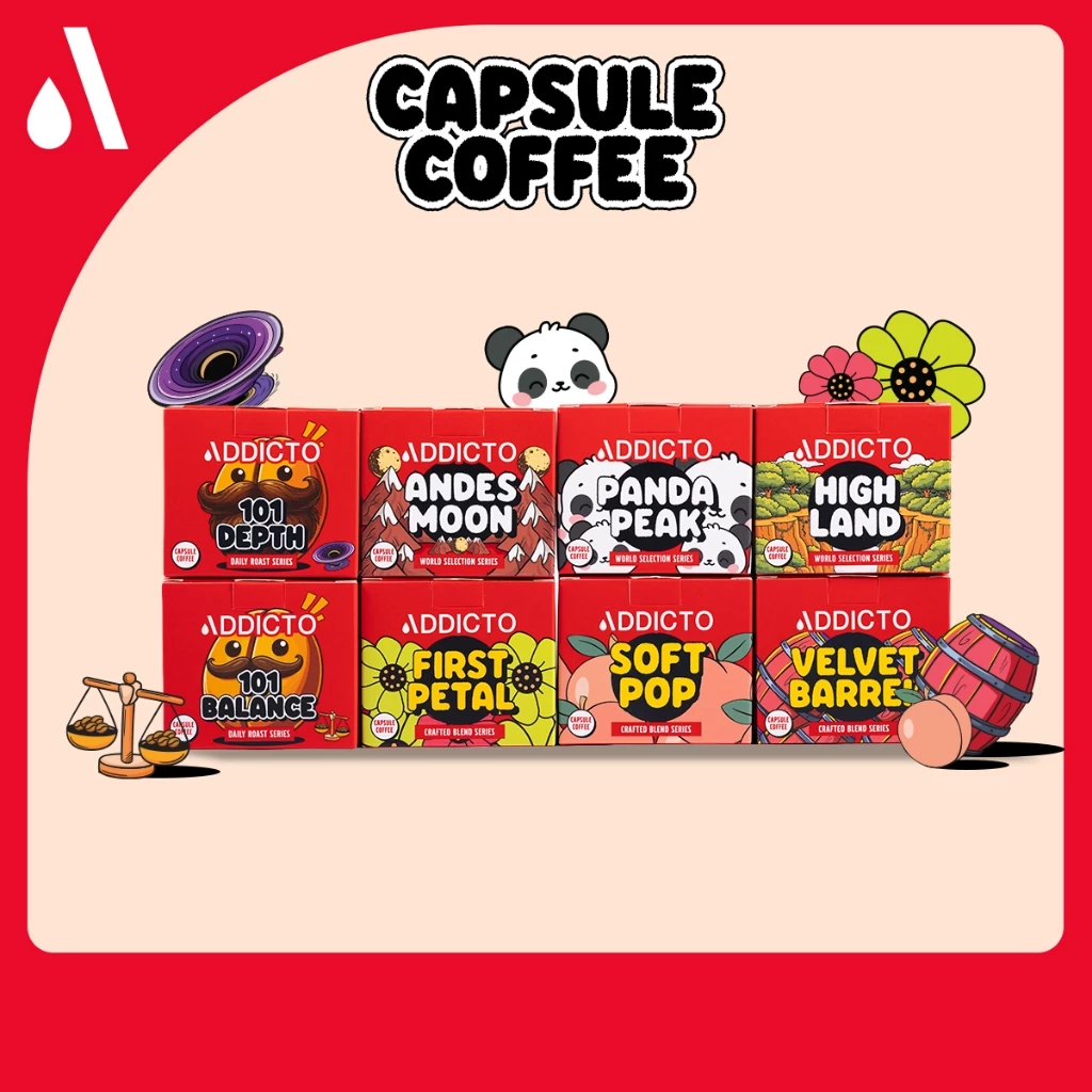 กาแฟแคปซูล ADDICTO I Capsule coffee I ใช้กับเครื่อง Nespresso ได้ I 8 รสชาติ คั่วอ่อน คั่วกลาง คั่วเข้ม หอมกรุ่น