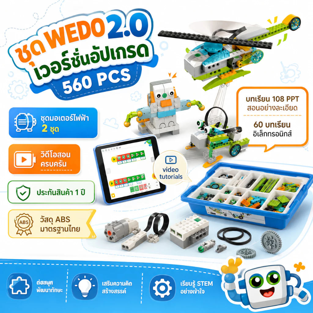 WEDO 2.0 หุ่นยนต์โปรแกรมมิ่ง เวอร์ชันอัปเกรด 560 ชิ้น (รุ่นใช้ถ่าน) พร้อมมอเตอร์ แถมฟรีบทเรียน PDF และวิดีโอสอน