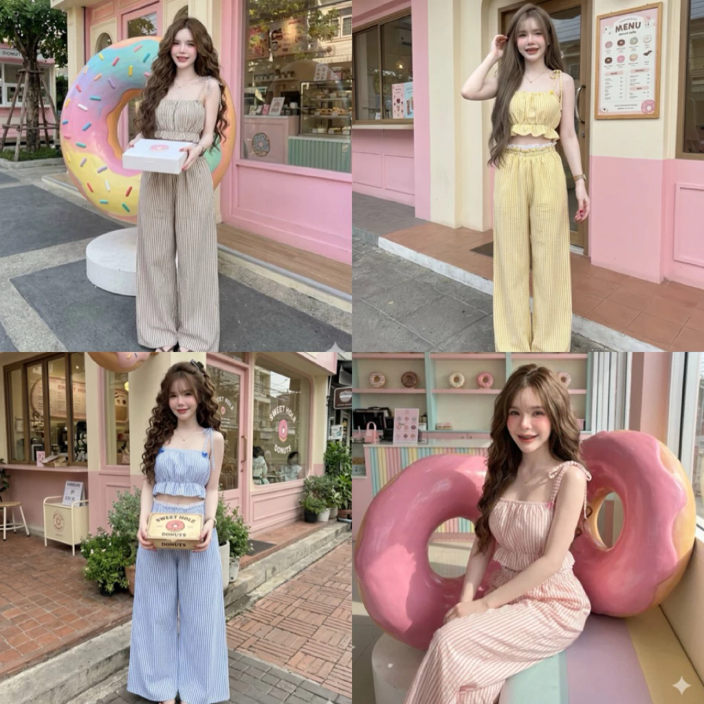 ชุดเซทลายริ้วผูกโบว์ขายาวขอบลูกไม้
