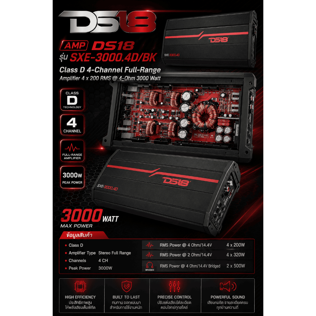 ดุดัน เลิศเลอ! DS18 SXE-3000.4D/BK พลังเสียง 3000W ที่รถคุณคู่ควร 🔊💥"Class D 4-Channel Full-Range  A