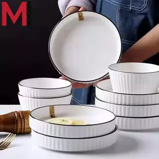 M KITCHEN ชุด จานชามเซรามิก เข้าไมโครเวฟได้ (ลายริ้ว) มี หลายชุดให้เลือก ชุด 4 - 6 - 8 - 12 ใบ จาน ชาม เซรามิก (A3)