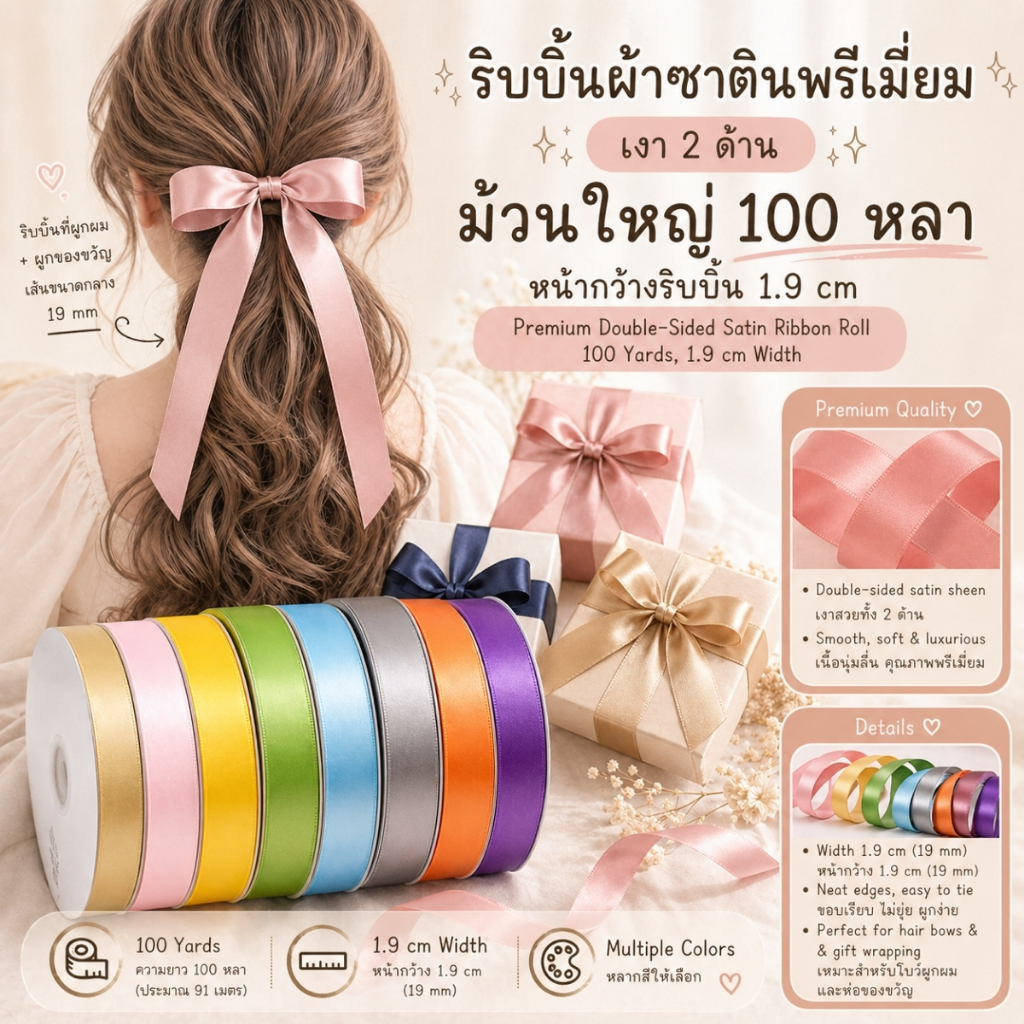1 ม้วน【100 หลา】* ริบบิ้นผ้าซาตินขนาด 1.9 cm. สีเรียบเงา 2 ด้าน รุ่น CLASSIC ผูกของขวัญวันเกิด ผูกผม ตกแต่งต่างๆ DIY