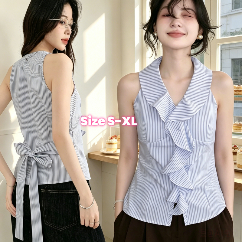 Dode W724#เสื้อกั๊กแขนกุดสำหรับผู้หญิงตัวนี้มีดีไซน์เปิดไหล่และชายเสื้อระบายแบบฝรั่งเศส ทำให้เหมาะสำหรับสวมใส่ในฤดูร้อน