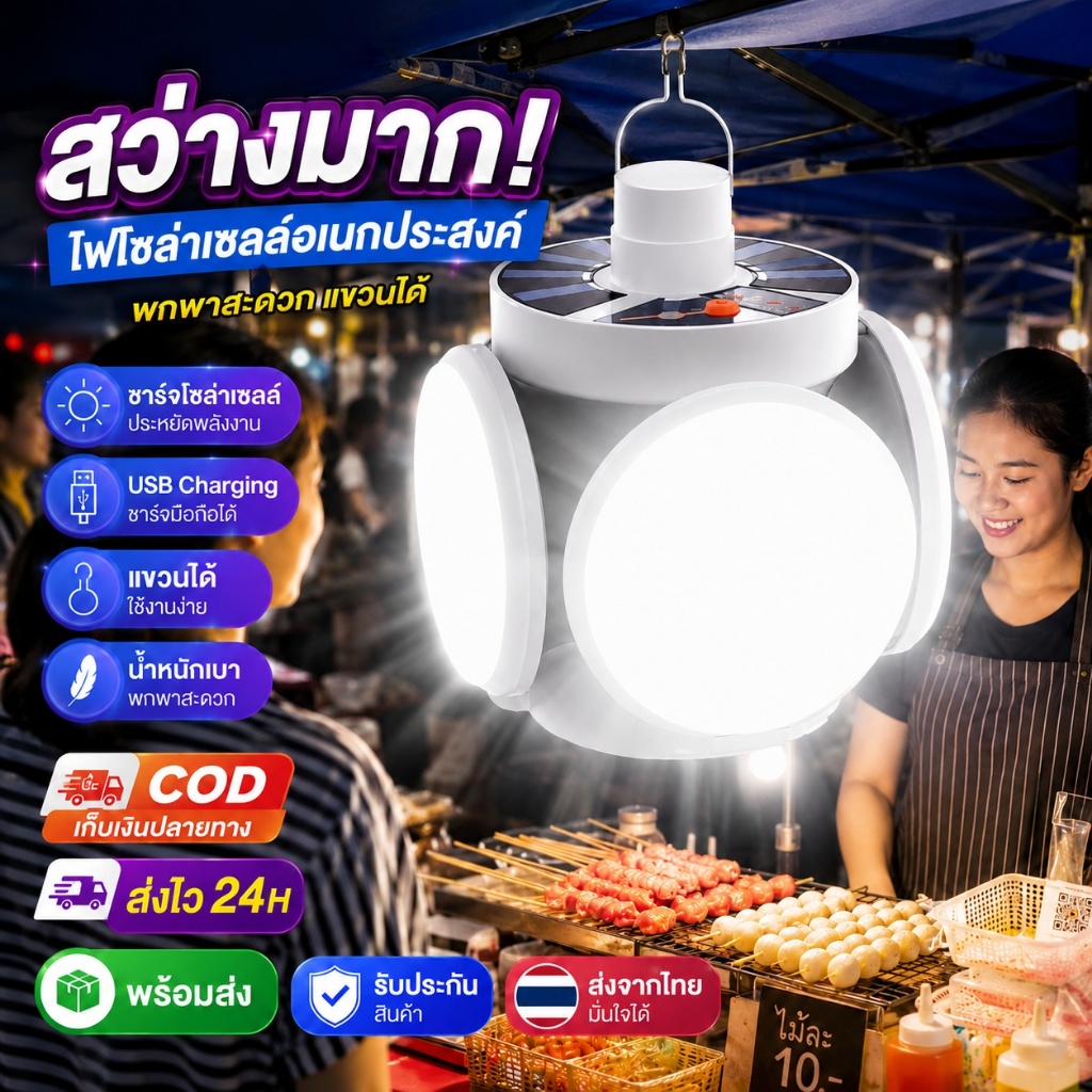 ซื้อ1แถม1หลอดไฟโซล่าเซลล์ LED พับได้ กันน้ำ ปรับแสง5ระดับ สว่างจัด อเนกประสงค์