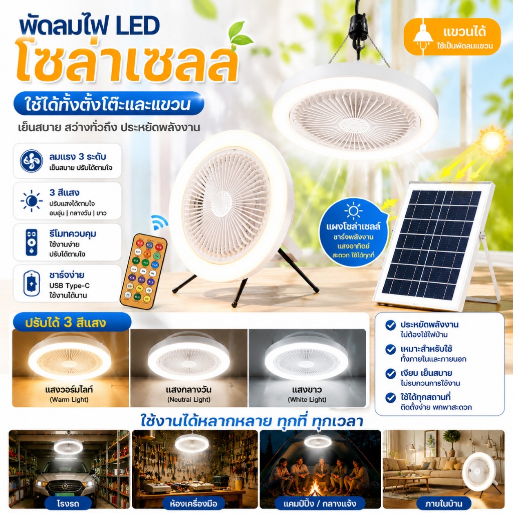 THE TIMES พัดลมโซล่าเซลล์ Solar fan สามารถใช้เป็นพัดลมตั้งโต๊ะและพัดลมเพดานได้ แสงไฟสามสี