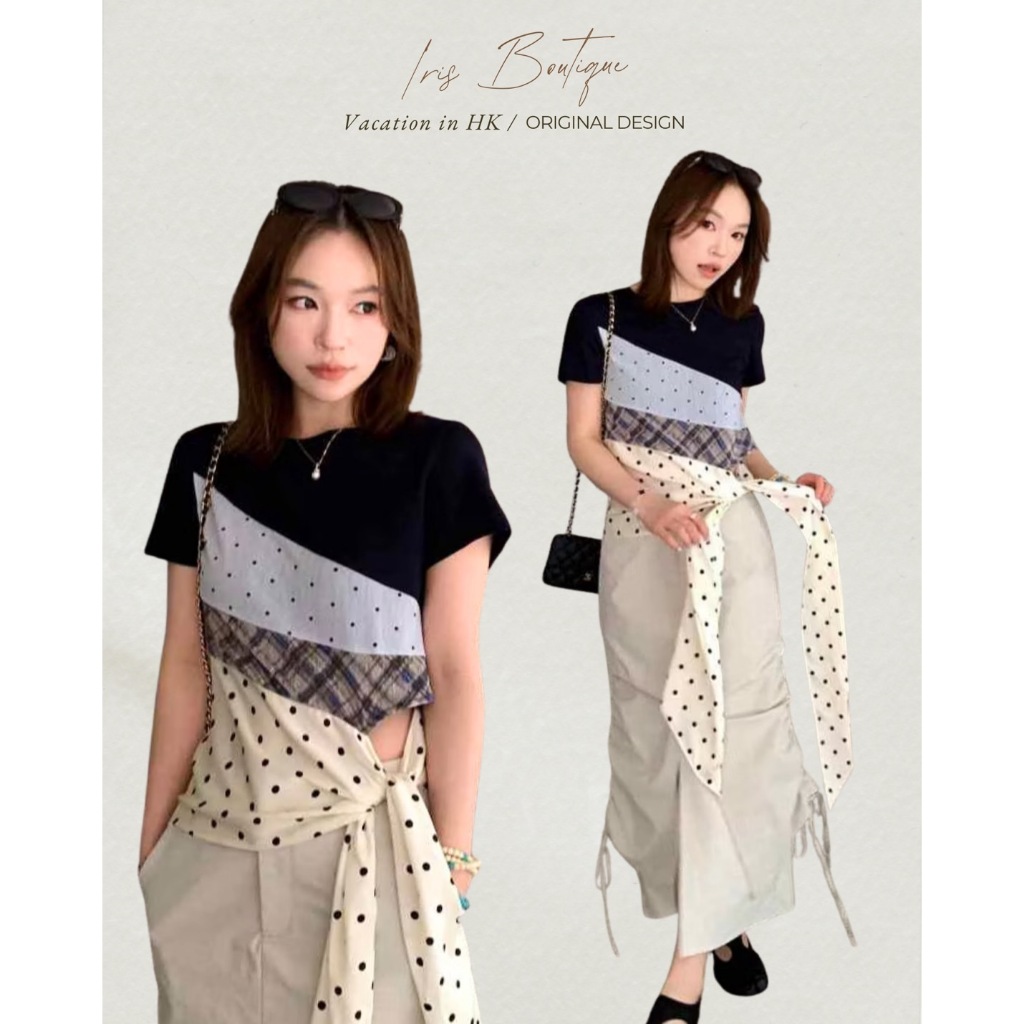 Original Design IRIS BOUTIQUE Summer2 ISYT51 Black Plaid Scarf Teeเสื้อยืดสีบัตเตอร์แต่งต่อผ้าลายตารางผูกผ้าคาดเอวลายจุด