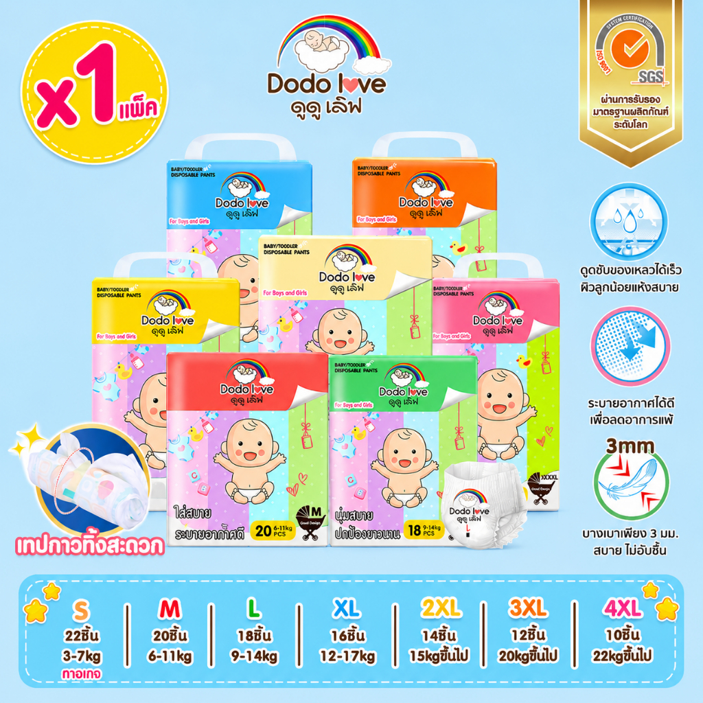 ส่งด่วน พกพาแพ็คเดี่ยว ครบไซส์ กางเกงผ้าอ้อมสำเร็จรูป DODOLOVE Standard Soft ผ้าอ้อมเด็ก แบบกางเกง