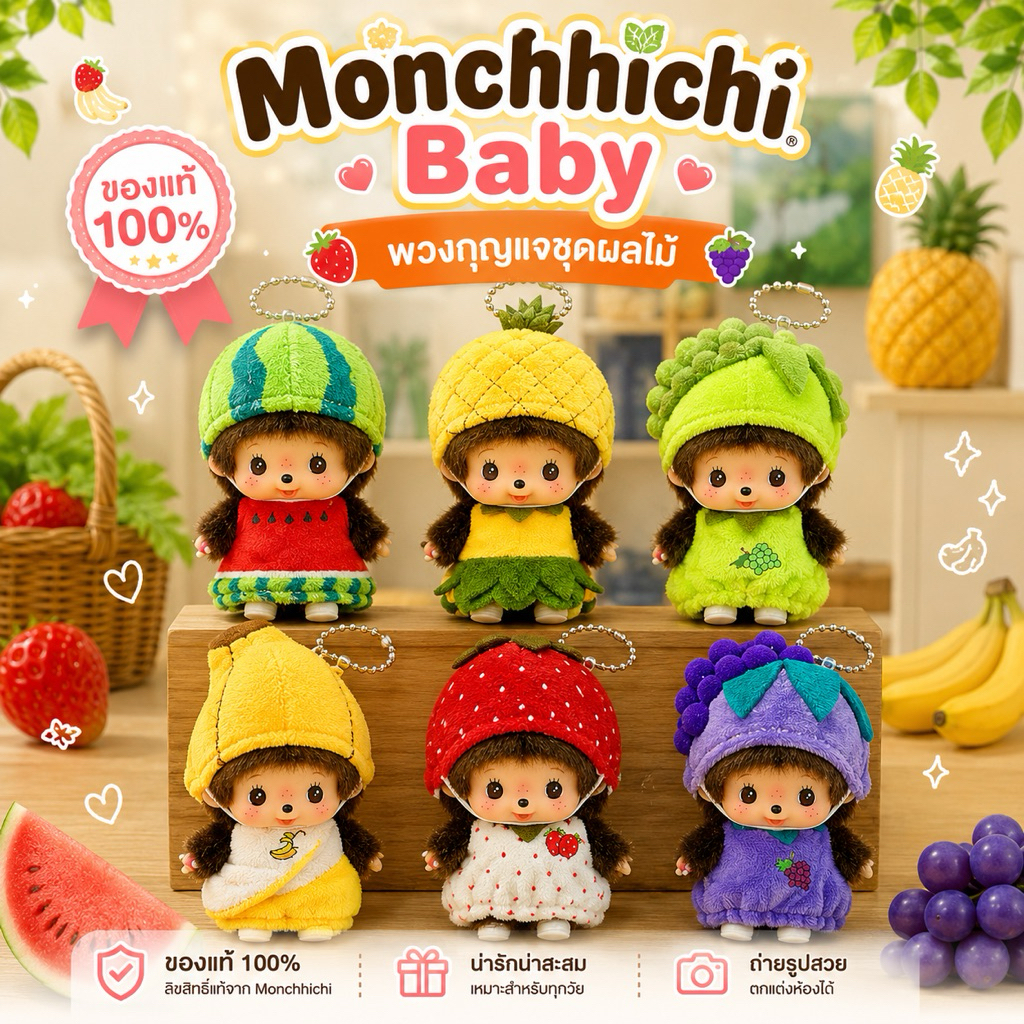 ((พร้อมส่ง)) Monchhichi คัสตอมชุดผลไม้ พวงกุญแจของแท้