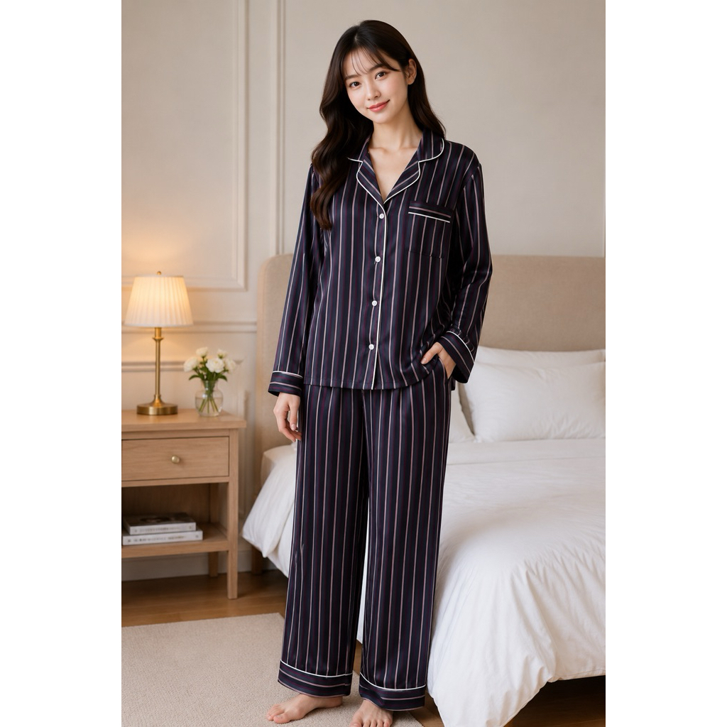 💫New🌟 🛌😴ชุดนอนผ้าไหมซาติน เกรดพรีเมี่ยม satin silk อก 50“ (แขนยาว+ขายาว) - Silk Satin premium long Sleeve long Pant