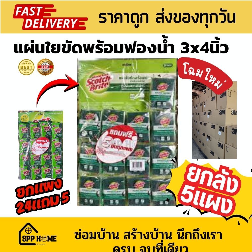 [ยกลัง5แผง] (แผง24+5) สก๊อตไบร์ท มีฟองน้ำ ขนาด3x4นิ้ว ของแท้ รวม ได้145ชิ้น