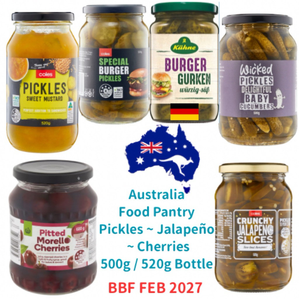 Coles Sweet Mustard Pickles/Burger Pickles/Cherries/Pickled Baby Cucumbers/Sliced Jalapeño 500g/520g Bottle (BBF Jan 27)