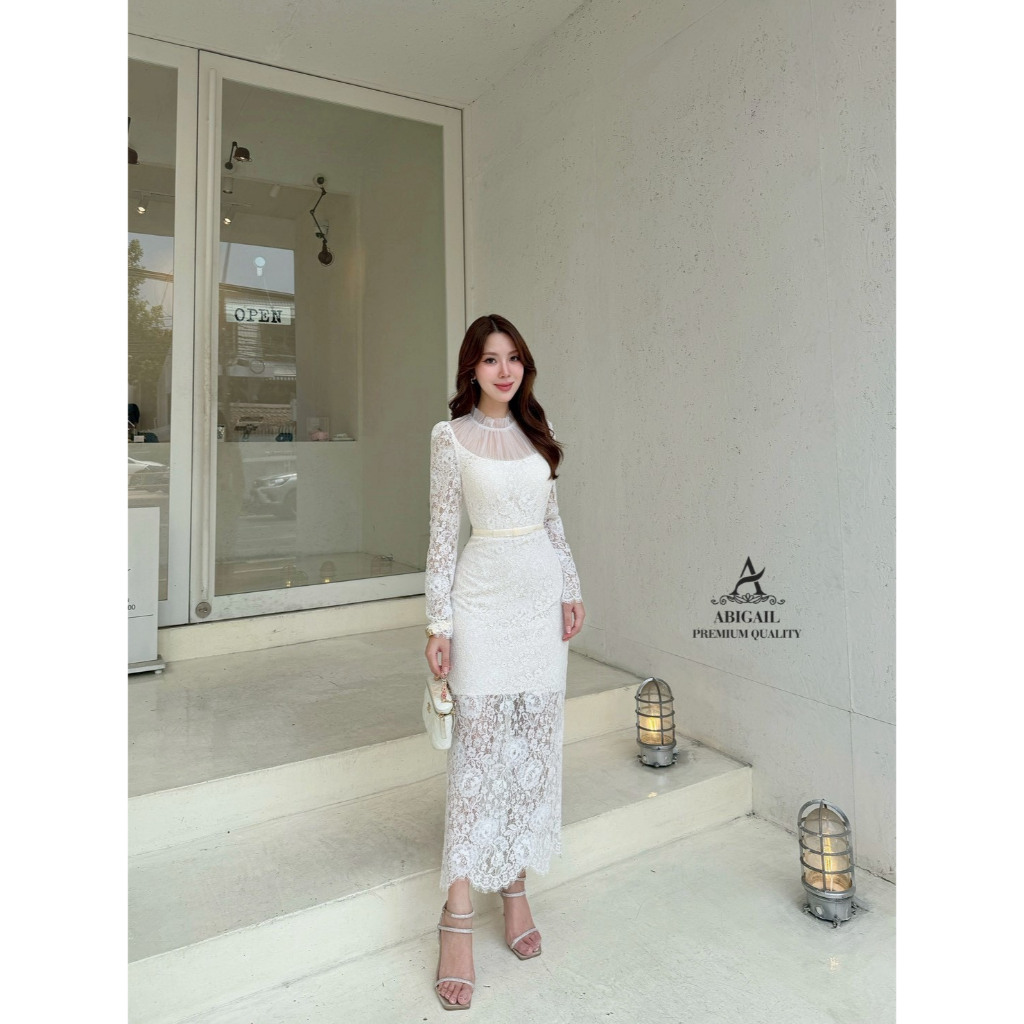 ABG263 ABIGAIL BRAND ชุดเดรสลูกไม้สีขาวแขนยาว [2PM]