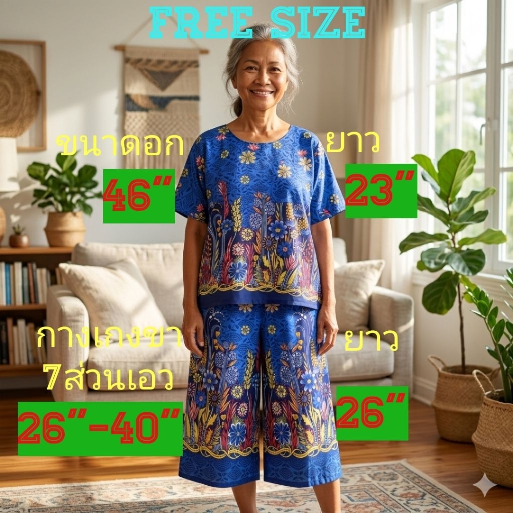 #10(Free Size)ชุด คอกระเช้า (เสื้อ+กางเกง)ลายดอกภาพแบนใส่สบายสร้างง่ายสิไม่ตก ขนาดอก=46"ยาว=23"กางเกงขา7ส่วนเอว=26"_40",