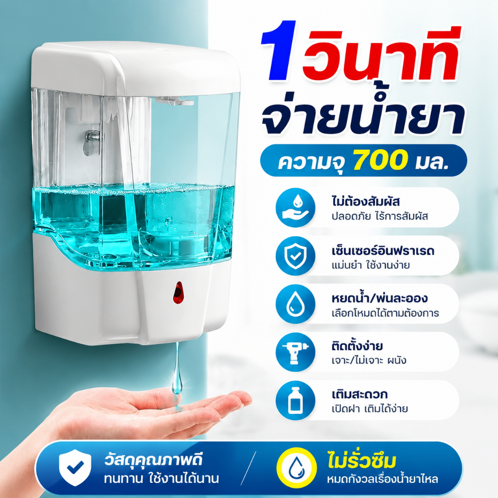 ความจุใหญ่700มล เครื่องจ่ายสบู่อัตโนมัติ ติดผนัง เครื่องจ่ายสบู่โฟมอัตโนมัติ แบตนานขึ้น สัมผัสเป็นศูนย์ ปลอดภัยยิ่งขึ้น