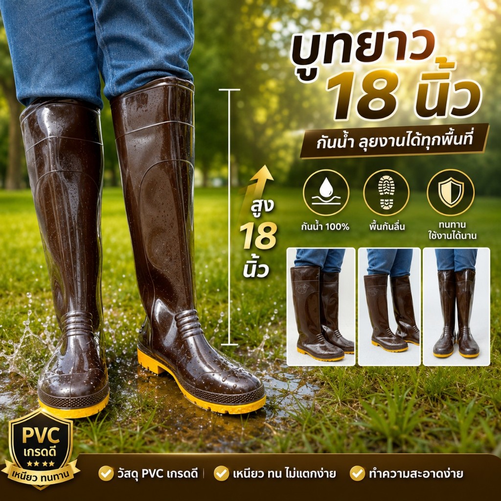 บูทยาว 18 นิ้ว พัสสาท พื้นปุ่มกันลื่น ขนาด 9.5-11.5 วัสดุ PVC กันน้ำ 100%