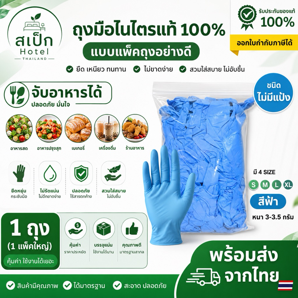 ถุงมือไนไตรแท้ ถุงมือยางแท้เหนียว ทนทาน ไม่ขาดง่าย ถุงมืออเนกประสงค์ สีฟ้า พร้อมส่ง ราคาถูก