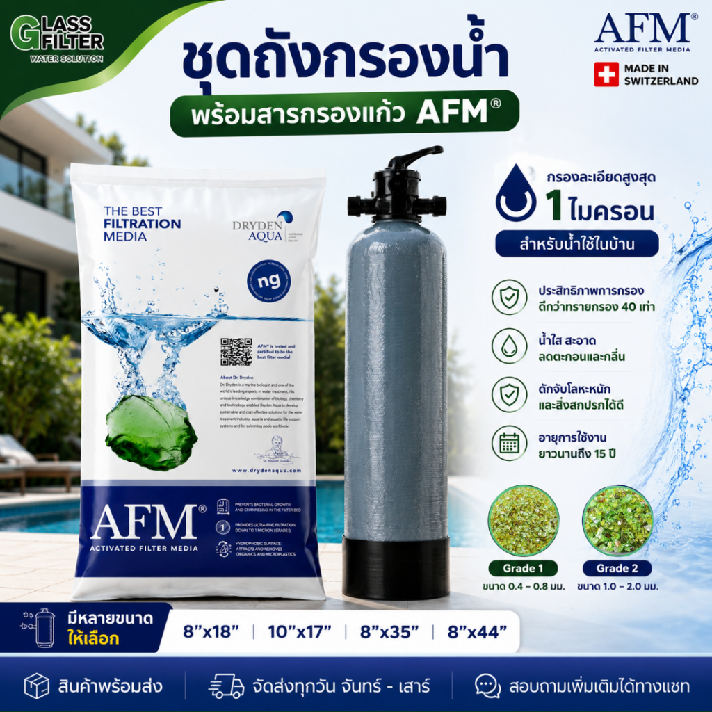 ชุดถังกรองน้ำไฟเบอร์กลาส พร้อมสารกรองแก้ว AFM® กรองละเอียด 1 ไมครอน สำหรับน้ำใช้ในบ้าน ขนาด 8x18 10x17 8x44 ใช้นาน15ปี