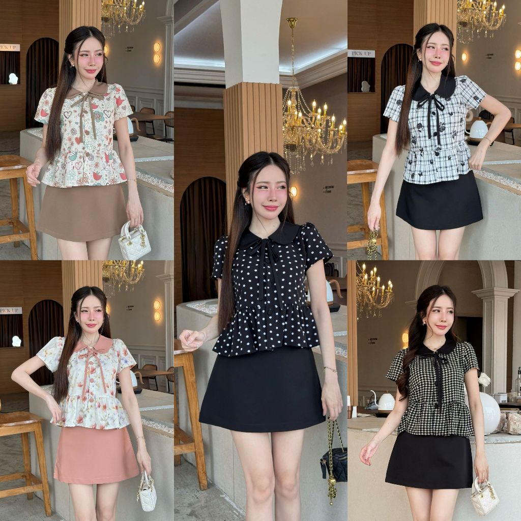 [S-XXL]เสื้อคอบัวทูโทนแขนสั้นชายระบายผูกโบว์หน้า