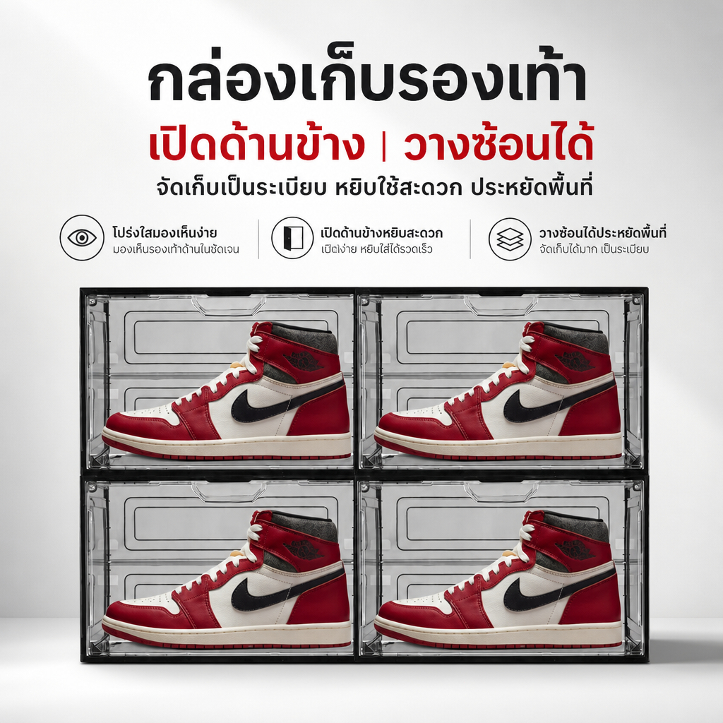 [ซื้อ 4 แถม 2 🔥] กล่องเก็บรองเท้า — พลาสติกใสแข็ง — ดีไซน์วางซ้อนกันได้ ฝาเปิดด้านข้าง